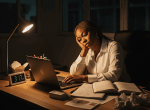 Female entrepreneur working overtime, highlighting the entrepreneurship reality behind the 4-hour work week myth