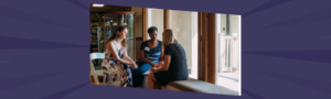 Three women leaders in conversation sharing their origin story as a leader in a professional setting